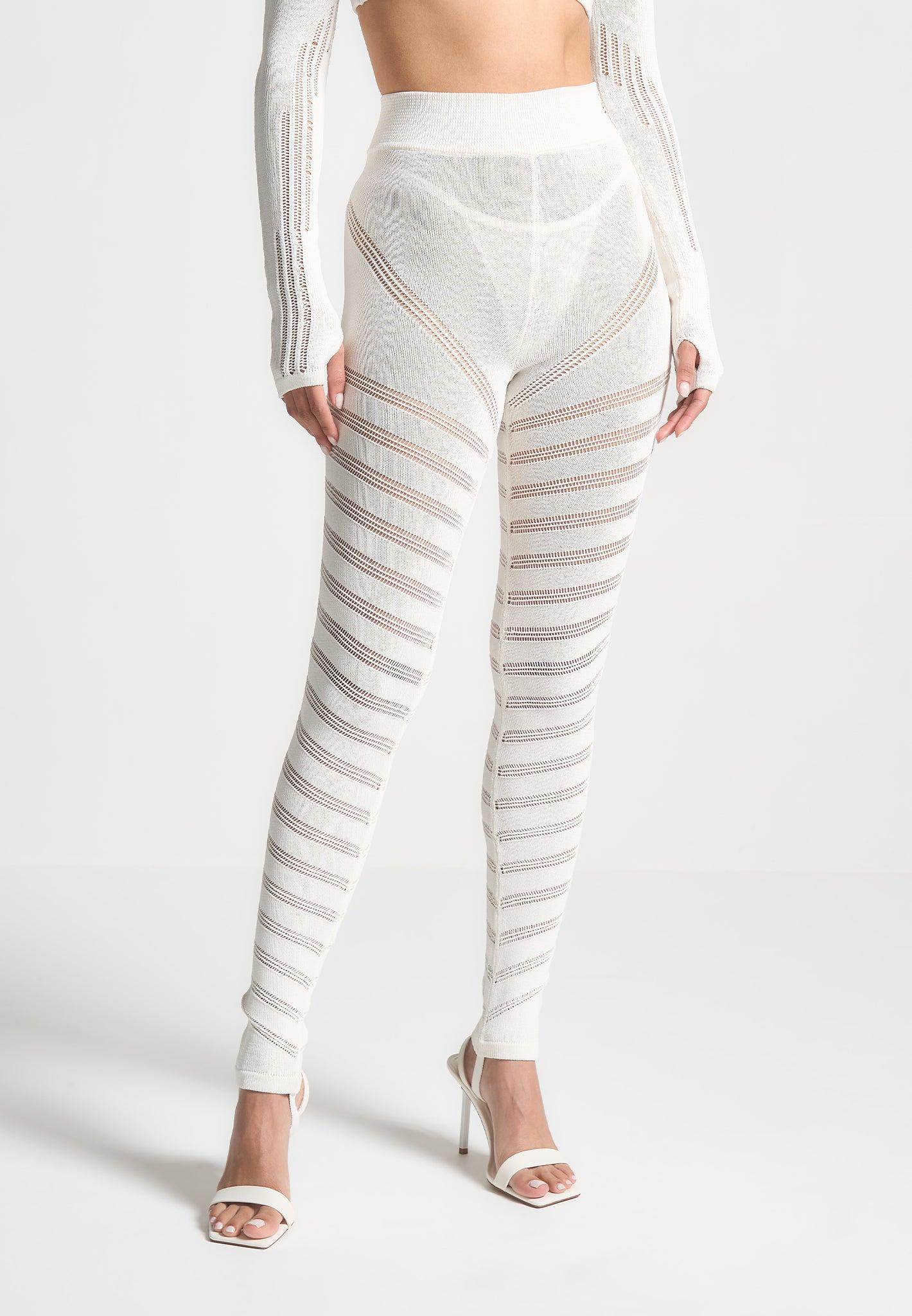 High Waisted Knitted Spiral Contour Leggings - White Female Product Image