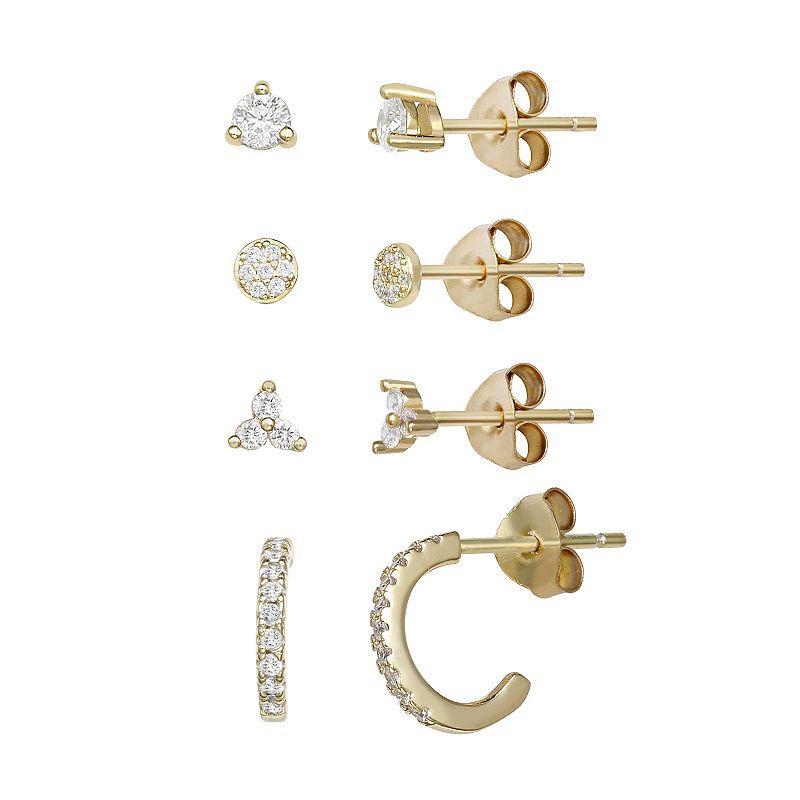 PRIMROSE Four Pair Cubic Zirconia Stud & Hoop Earring Set, Womens, Yellow Gold Tone Clear Product Image