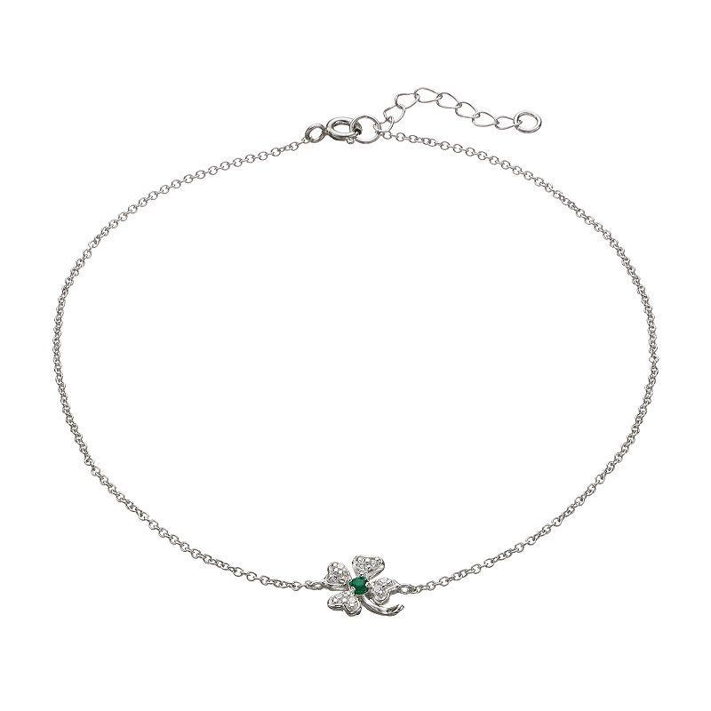 Sophie Miller Cubic Zirconia & Simulated Emerald Sterling Silver Four Leaf Clover Anklet, Womens Green Product Image