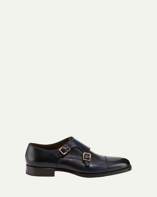 TOM FORD Men's Burnished Double-Monk Leather Loafers  - DARK BLUE - Size: 9 UK (10D US) Product Image