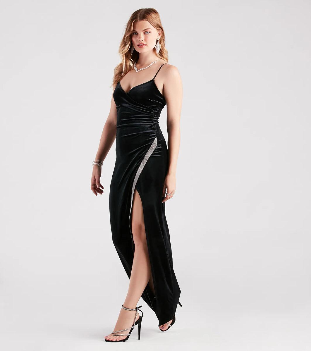 Dina Formal Velvet Rhinestone Slit Dress Product Image