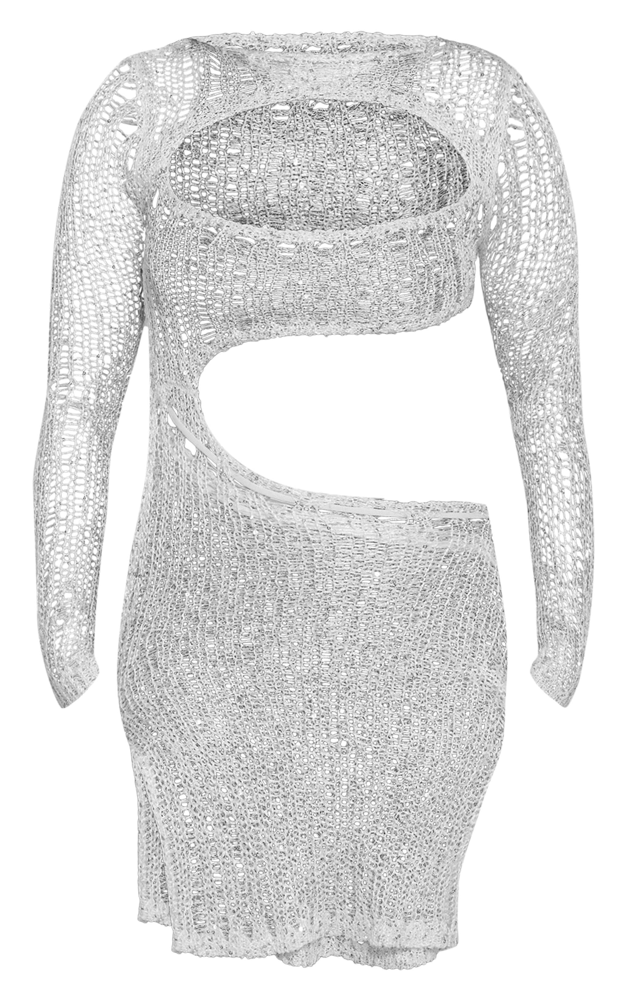 Stone Crochet Sequin Knit Cut Out Mini Dress Product Image