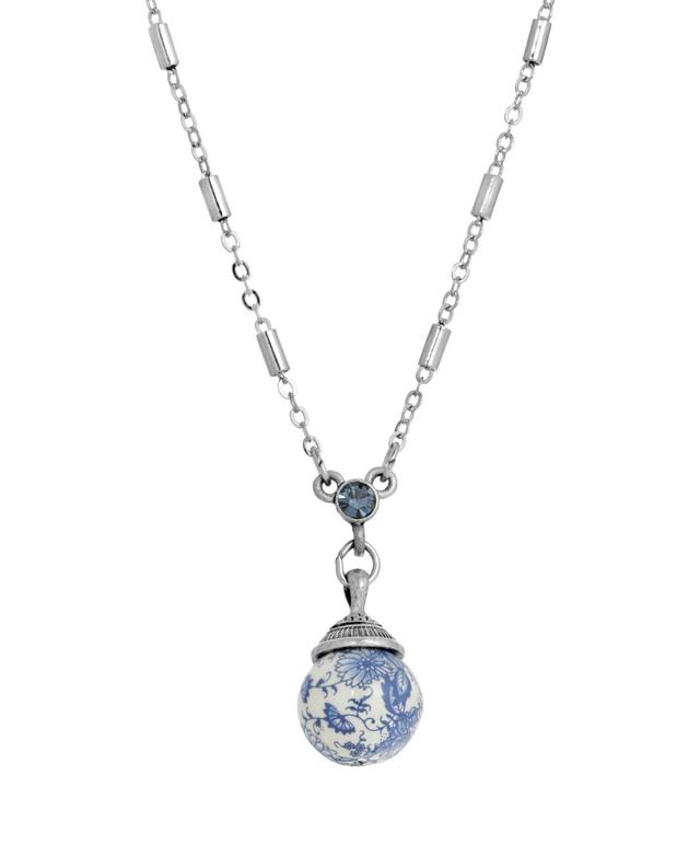 1928 Jewelry Silver Tone Round Blue Willow Beaded Drop Necklace 16" Adj, No Size Product Image