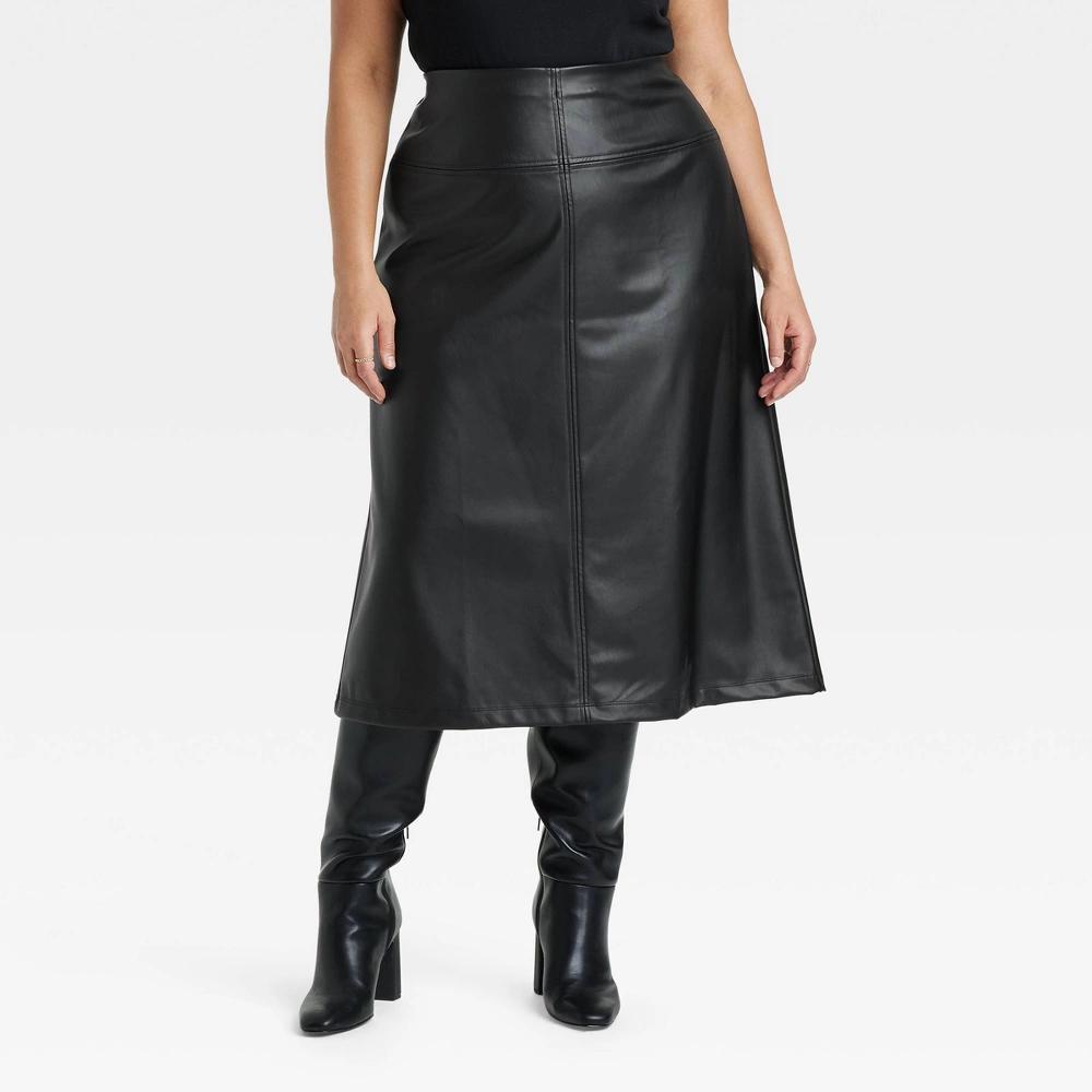 Women's Faux Leather Midi Skirt - A New Day™ Black 10 Product Image