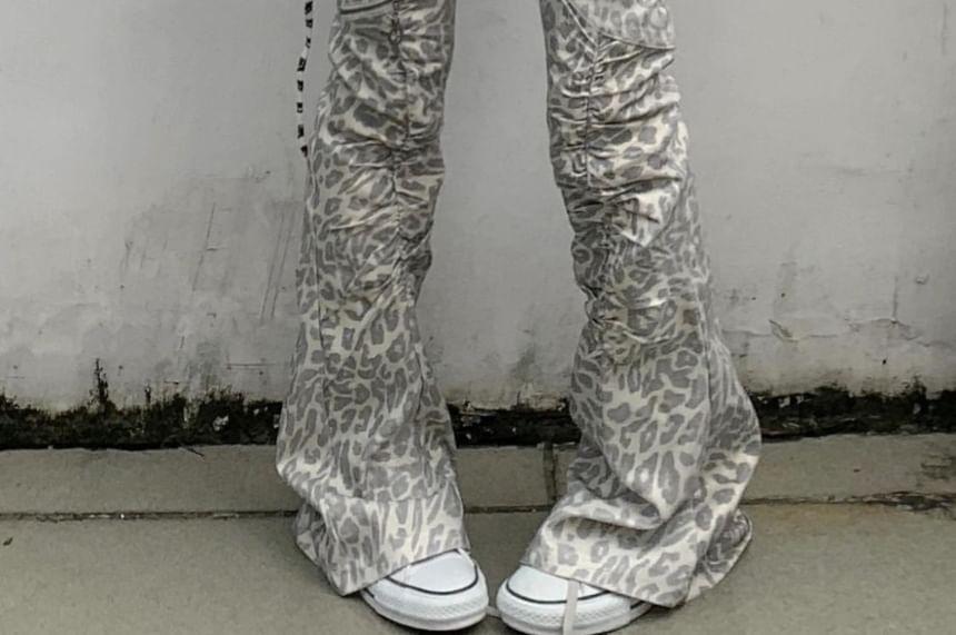 Low Rise Leopard Print Washed Bootcut Jeans Product Image