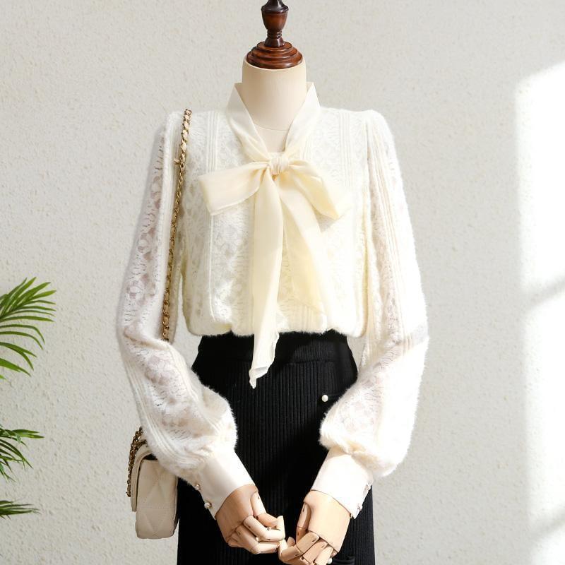 Long Sleeve Tie Neck Lace Blouse Product Image