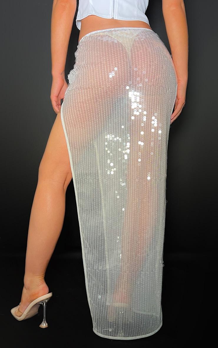 White Sheer Sequin High Thigh Split Maxi Skirt Product Image