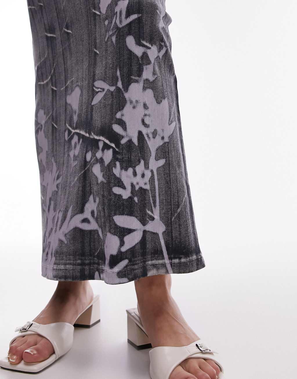 Topshop washed ribbed floral shadow print midi skirt in gray  Product Image