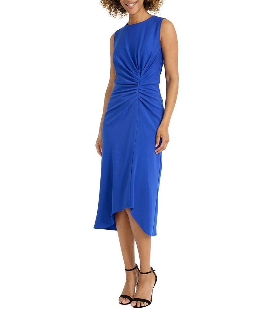 Maggy London Crepe Round Neck Sleeveless Gathered Side Midi Dress Product Image