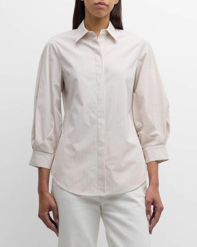 Striped Blouson-Sleeve Cotton Shirt Product Image