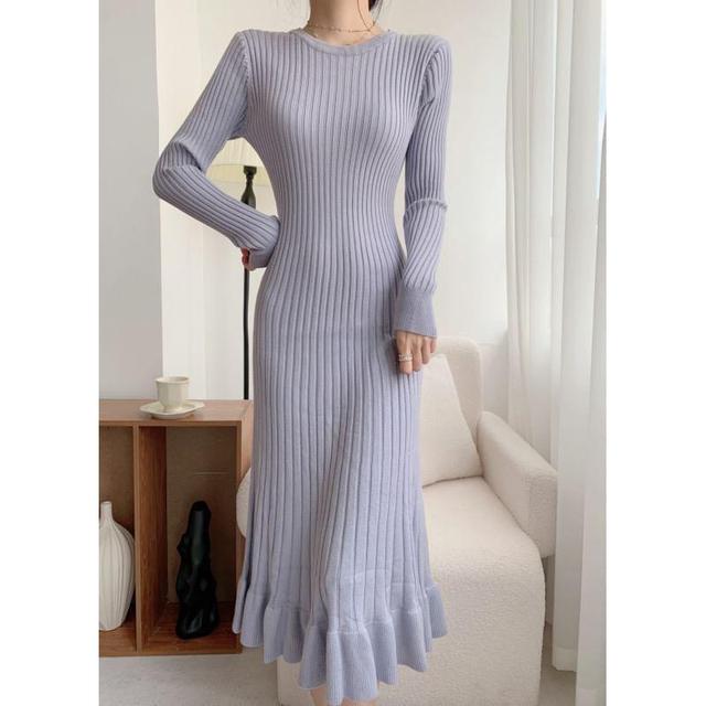 Long-Sleeve Round Neck Plain Ribbed Midi Sheath Knit Dress Product Image