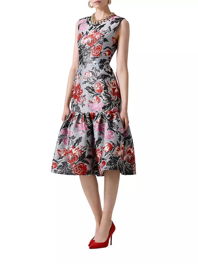 Floral Jacquard Flounce Midi-Dress Product Image