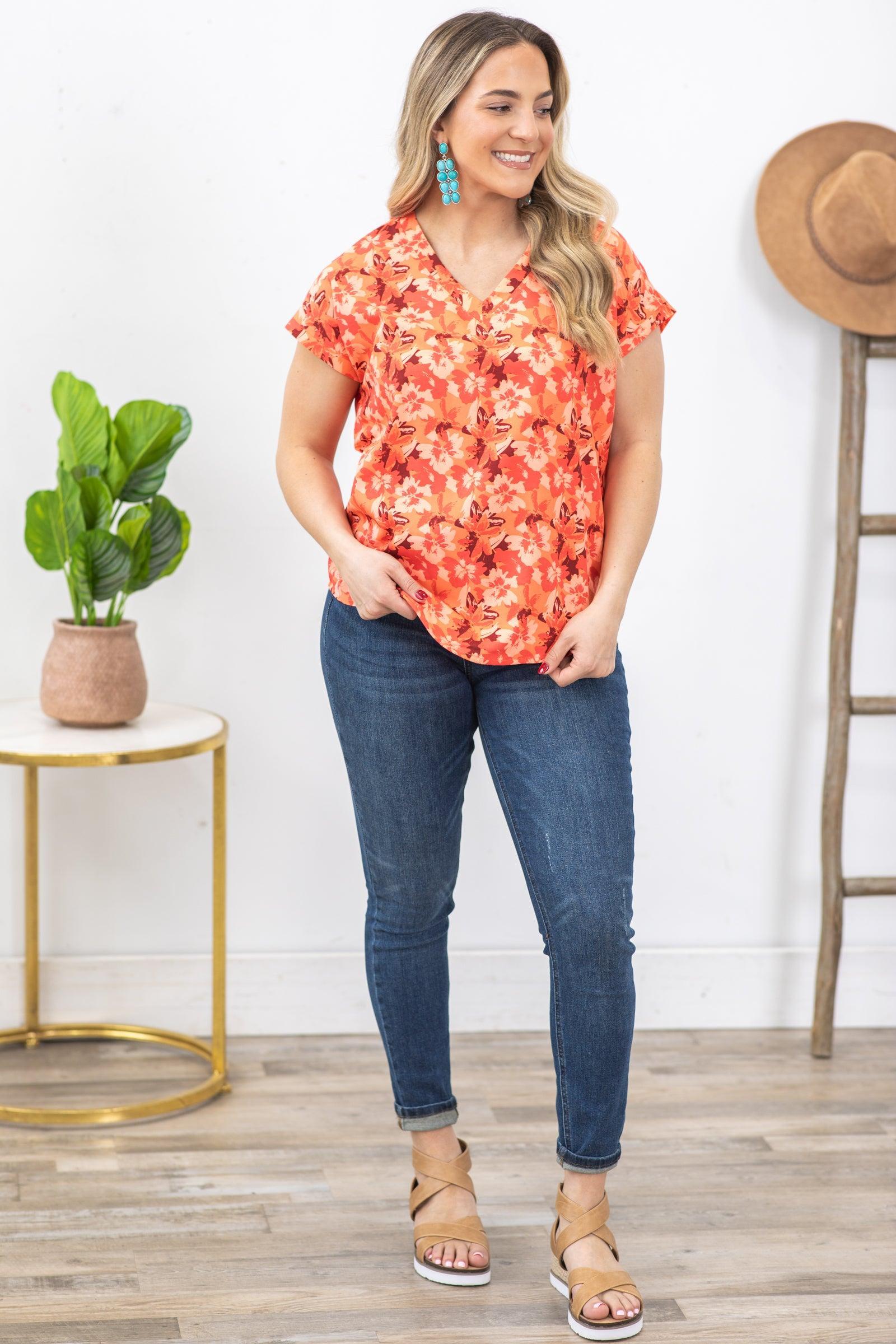 Orange Floral Print Dolman Sleeves Woven Top Product Image