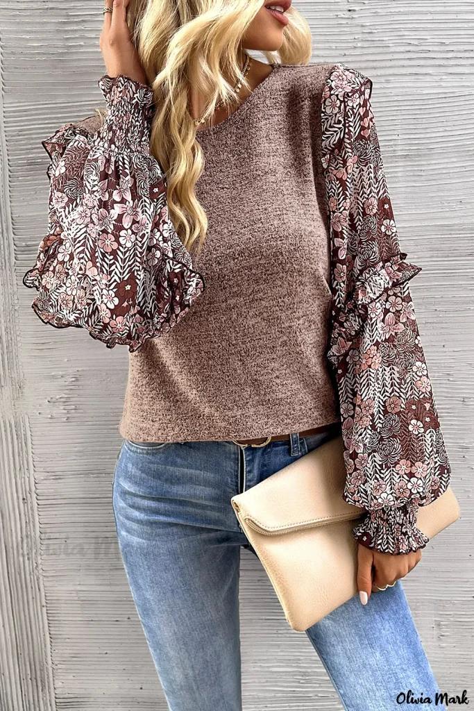 Olivia Mark – Elegant Floral Tiered Ruffle Sleeve Crew Neck Blouse in Pale Chestnut Product Image