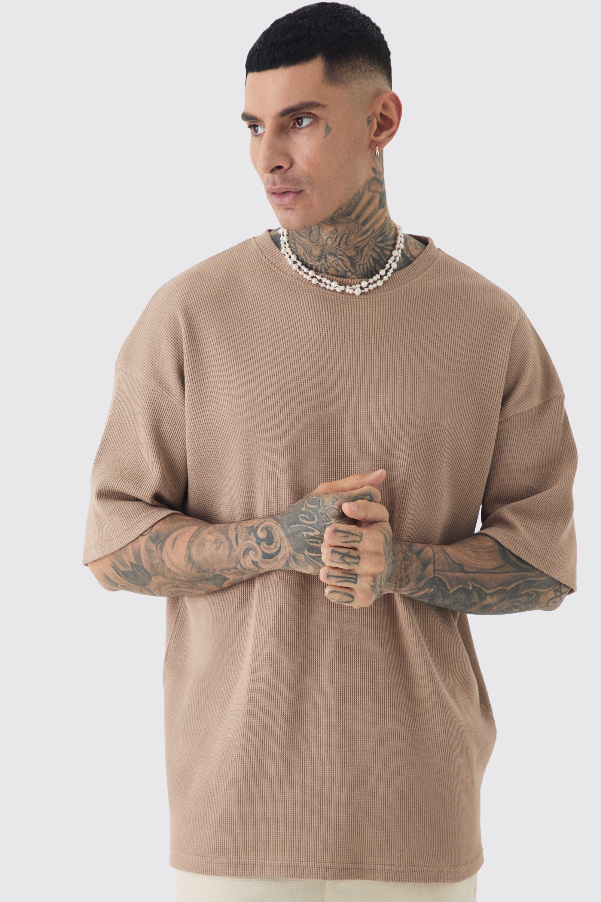 Mens Beige Tall Oversized Waffle T-shirt, Beige product image