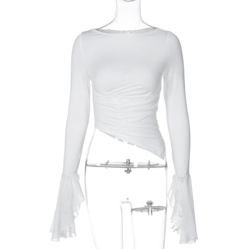 Long-Sleeve Boat Neck Plain Asymmetrical Ruched Slim Fit Crop Top Product Image