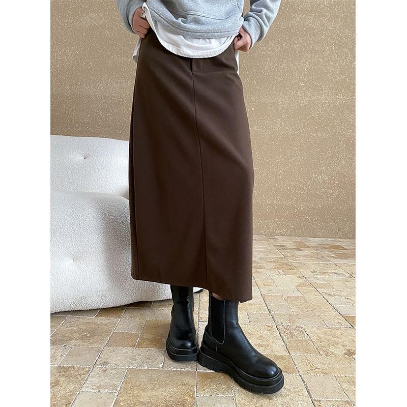 High Rise Plain Slit Midi A-Line Skirt Product Image