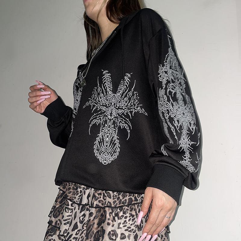 Drawstring Drop Shoulder Print Zip Hoodie Product Image