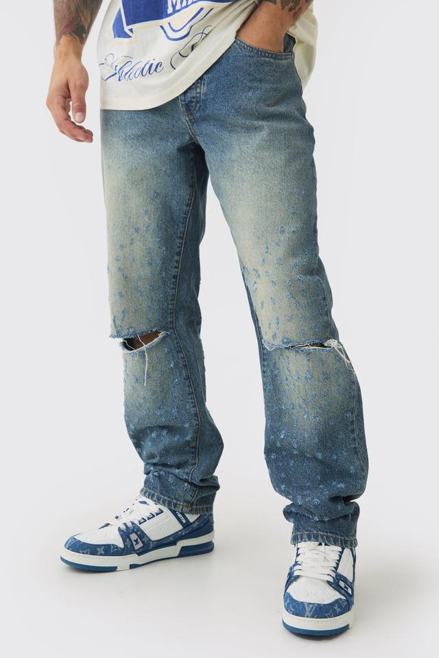 Relaxed Rigid Distressed Knee Slit Jeans | boohooMAN USA Product Image