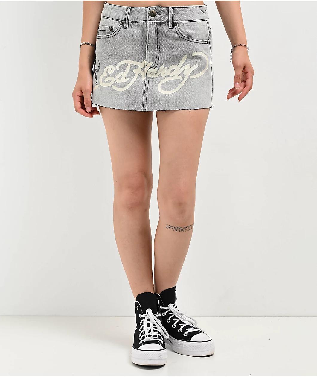 Ed Hardy Cross Denim Cutoff Mini Skirt Product Image