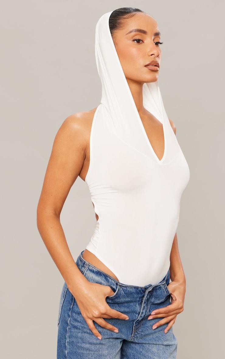 White Slinky Hooded Tie Back Bodysuit Product Image