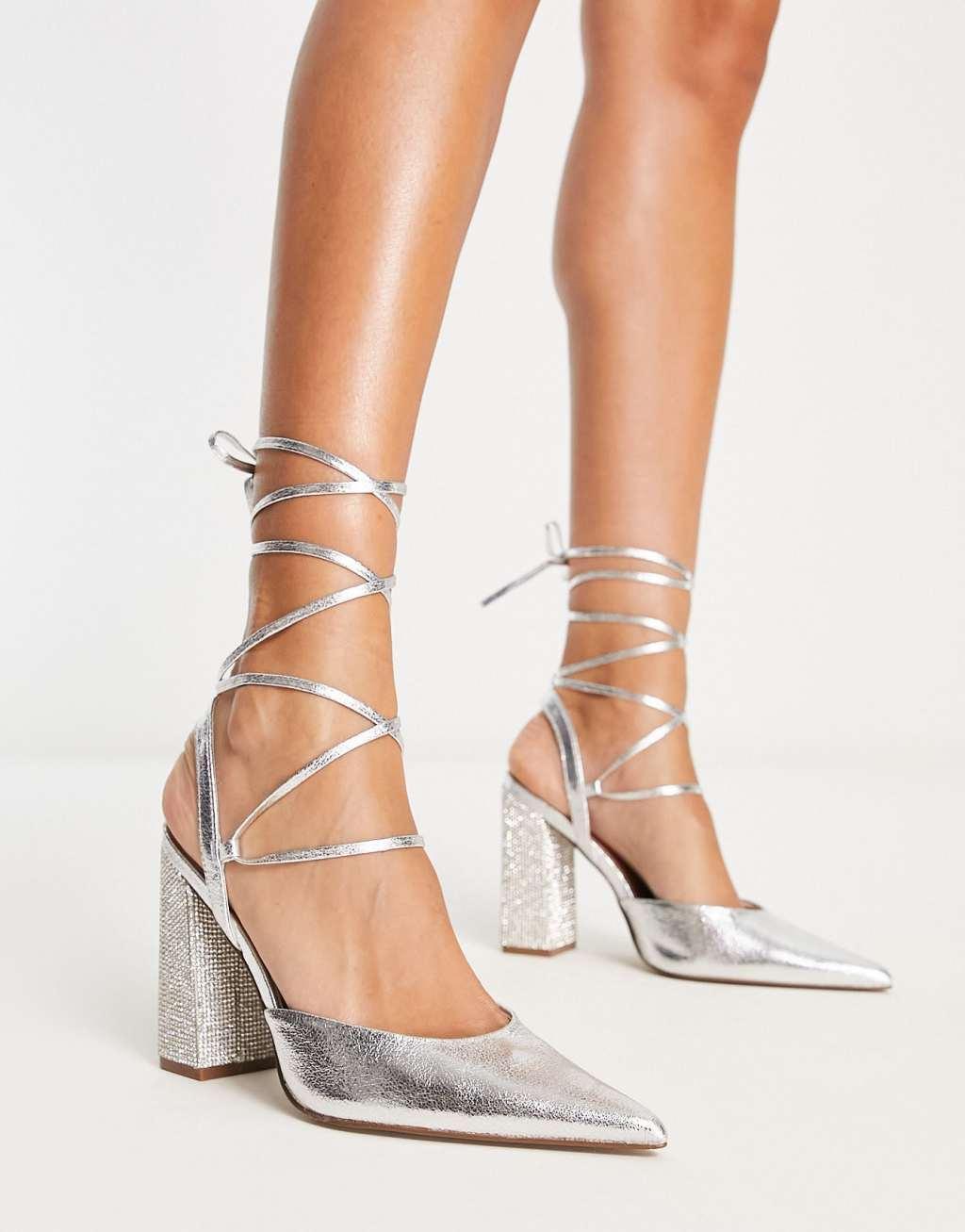 ASOS DESIGN Panda embellished tie leg block heeled shoes in silver Product Image