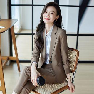 Plain Single-Button Blazer / Shirt / Straight Leg Dress Pants Product Image