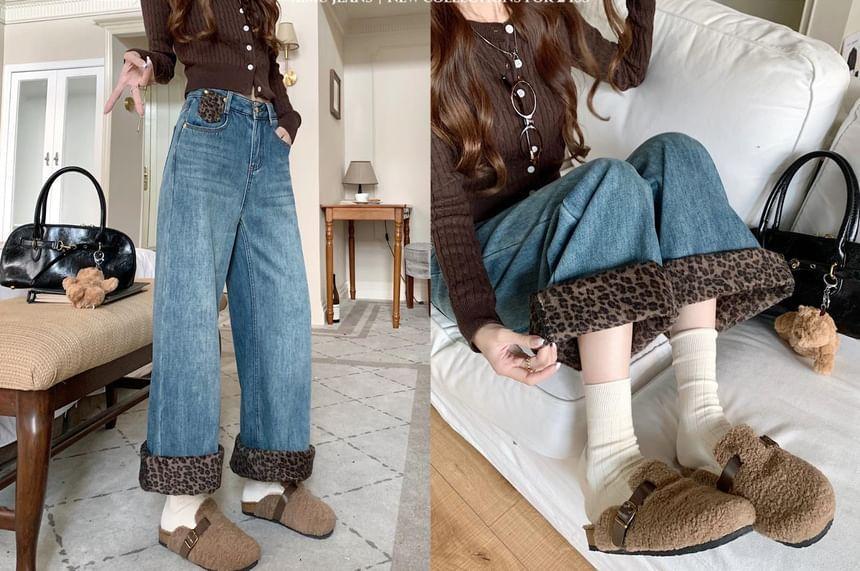 High Rise Leopard Print Panel Fleece-Lined Washed Wide Leg Jeans Product Image