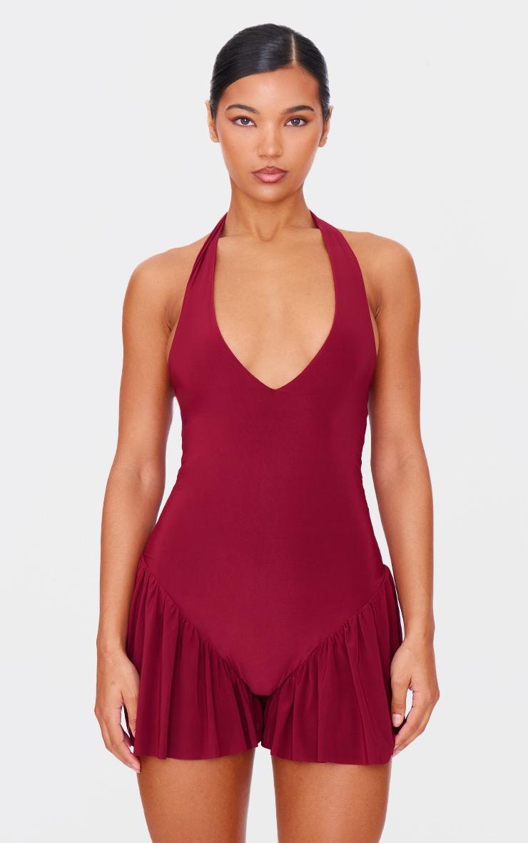 Burgundy Slinky Dropped Waist Plunge Romper Product Image