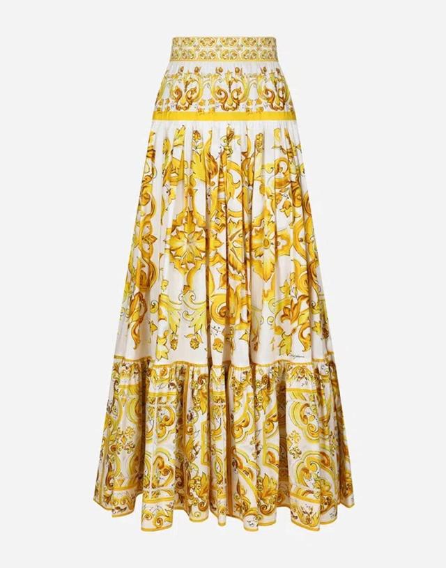 DOLCE & GABBANA Long Majolica-print Poplin Skirt With Ruffles In Yellow Product Image