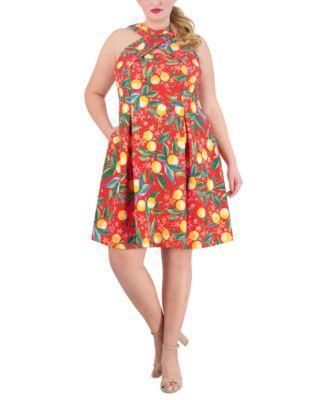 Plus Size Printed High-Neck Fit & Flare Dress Product Image