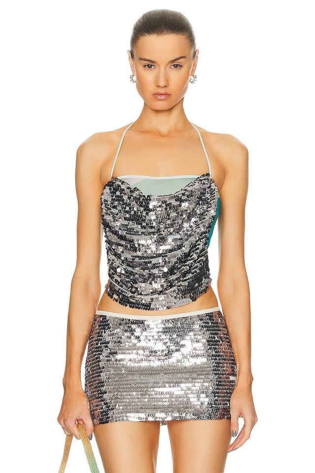 SIEDRES Nide Sequin Detailed Draped Top in Metallic Silver Product Image