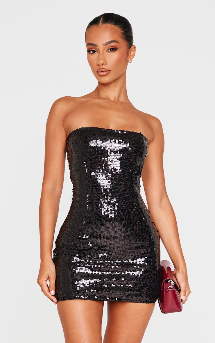 Petite Black Bandeau Open Back Sequin Mini Dress Product Image