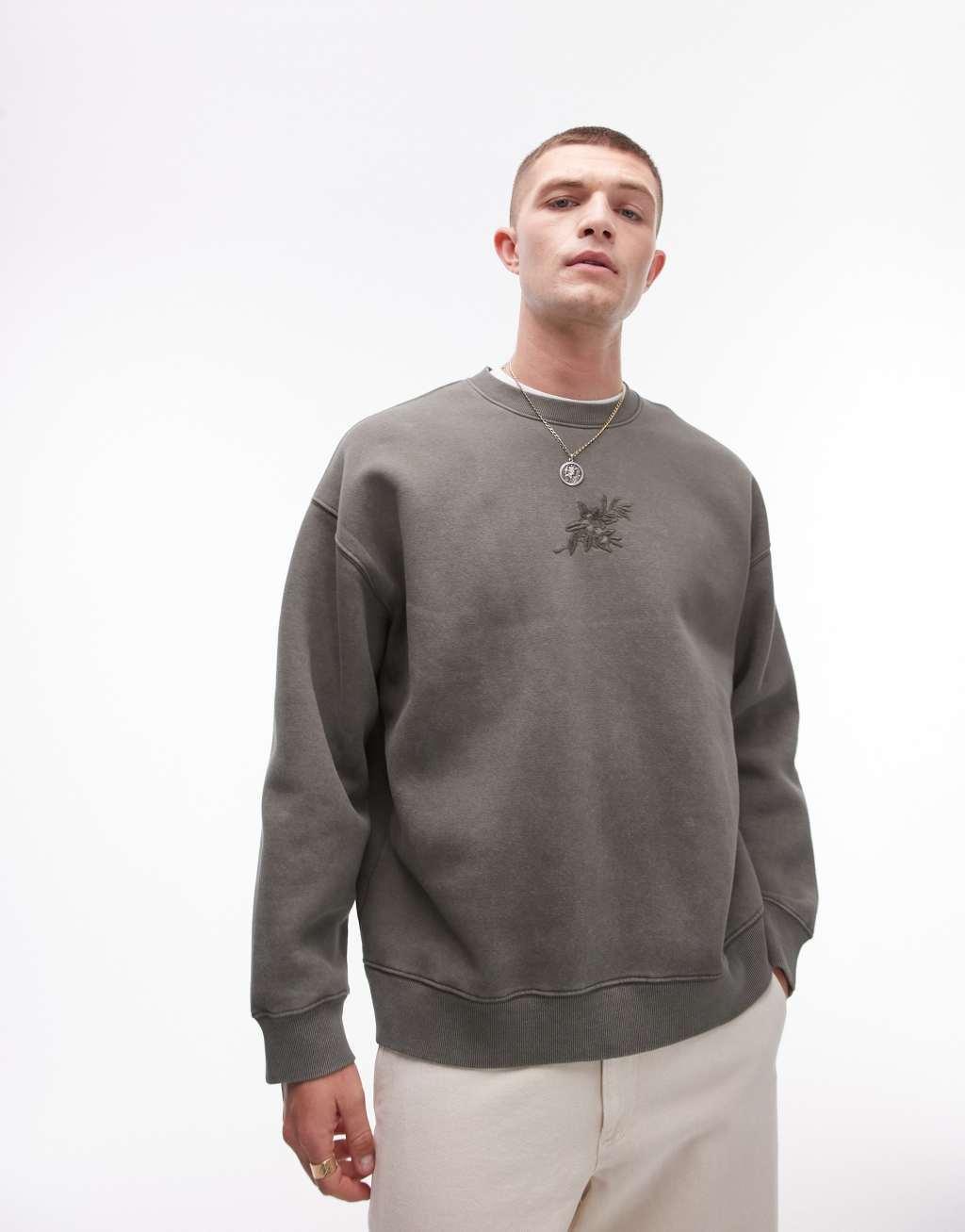 Topman oversized fit sweatshirt with floral embroidery in washed khaki Product Image