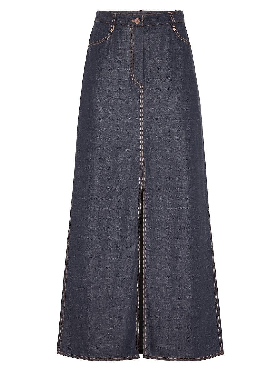 Womens Lightweight Wet Effect Denim Long Five Pocket Skirt With Shiny Tab product image