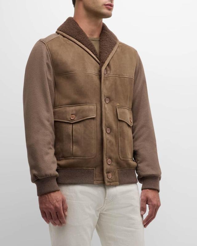 Men's Shearling-Lined Shawl Collar Bomber Jacket Product Image