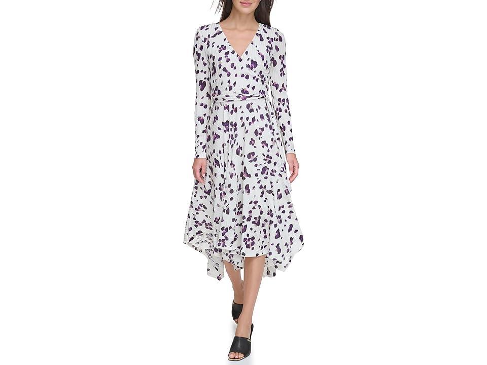 DKNY Long Sleeve Print V-Neck Wrap Dress (Pebble/Black ) Women's Clothing Product Image