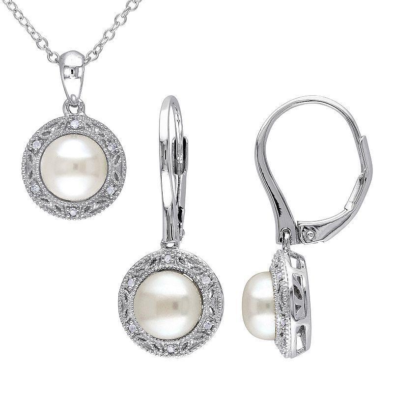 Stella Grace Sterling Silver Freshwater Cultured Pearl & 1/10 Carat T.W. Diamond Pendant & Earring Set, Womens Product Image