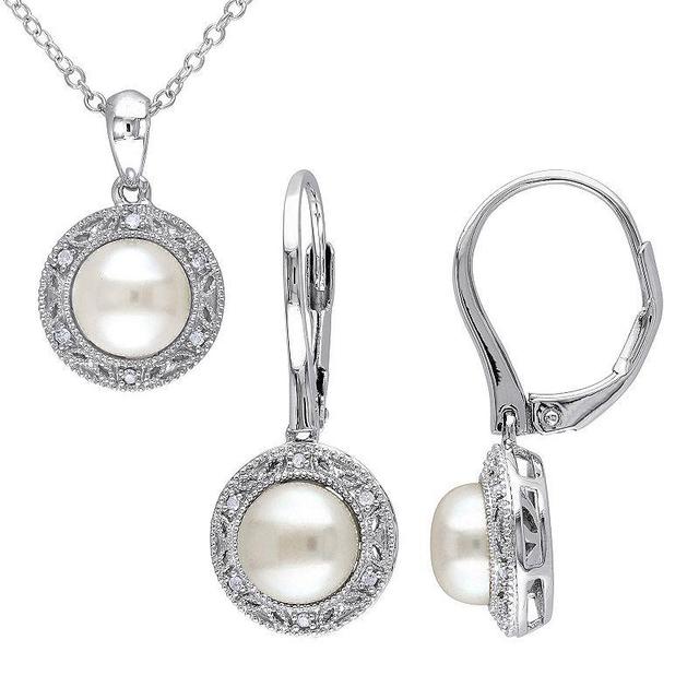 Stella Grace Sterling Silver Freshwater Cultured Pearl & 1/10 Carat T.W. Diamond Pendant & Earring Set, Womens White Product Image