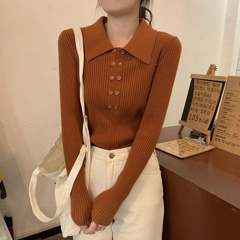 Polo Collar Plain Ribbed Knit Crop Top Product Image