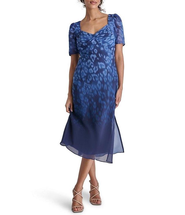 DKNY by Donna Karan Petite Size Short Sleeve Sweetheart Neck Printed Midi Dress Product Image