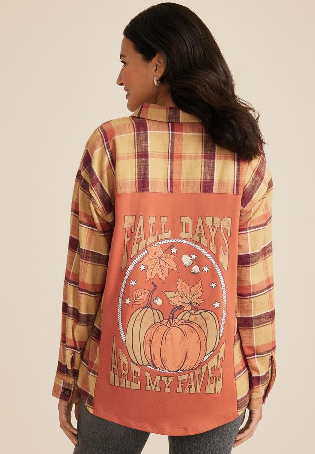 Plaid Pumpkin Graphic Back Oversized Button Down Shirt Product Image