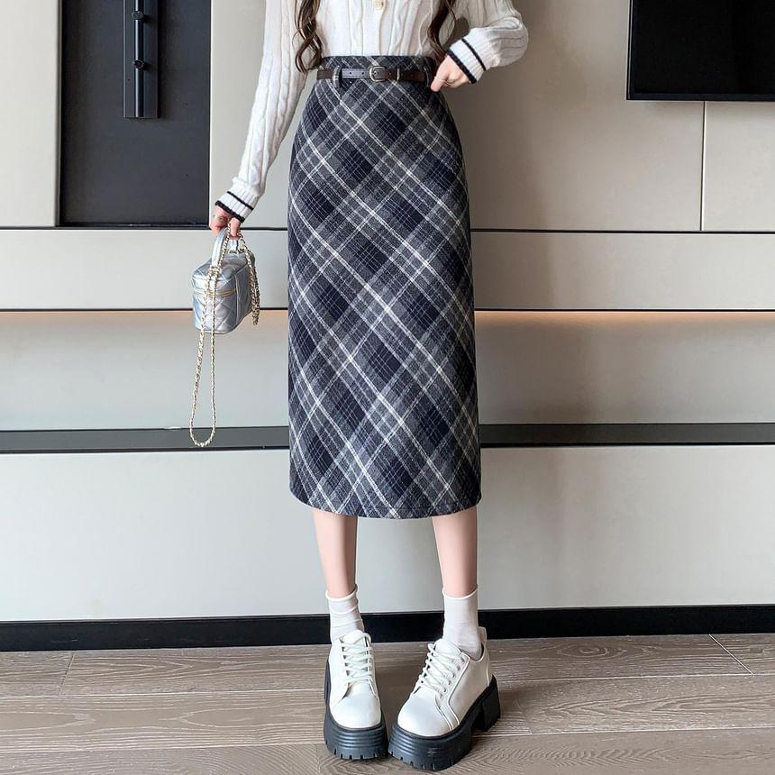 High Waist Plaid Midi A-Line Skirt product image