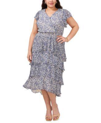 Plus Size Printed Tiered Flutter-Sleeve Midi Dress Product Image