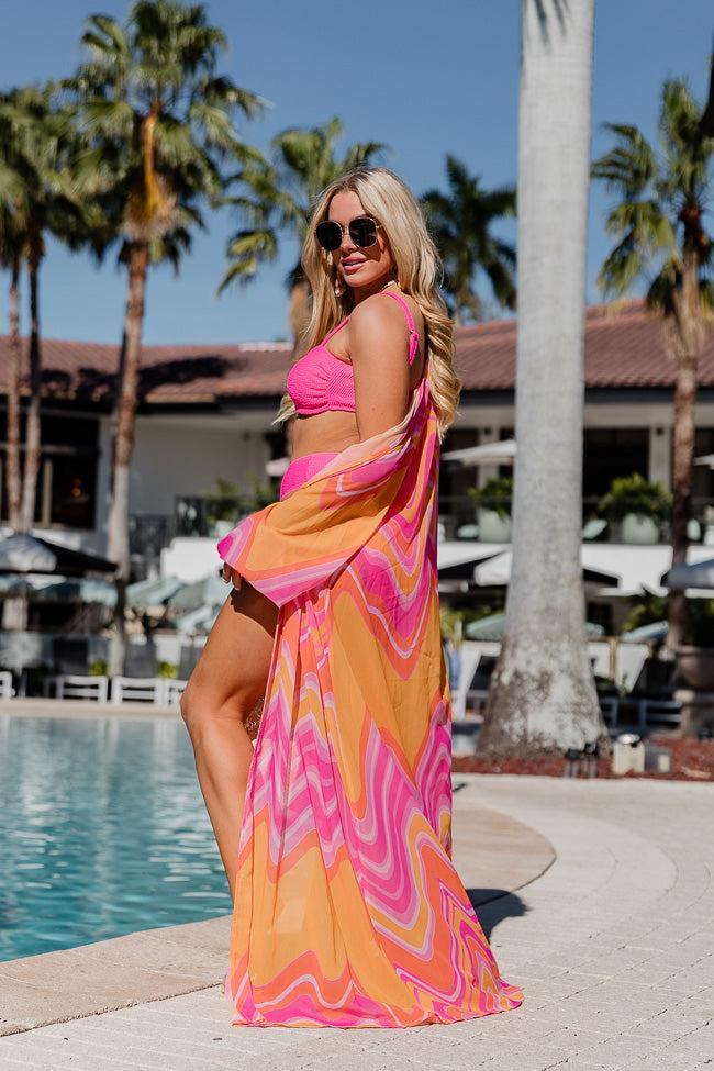 Eyes On Paradise in Serenity Swirl Pink and Orange Swirl Belted Kimono Cover Up Product Image