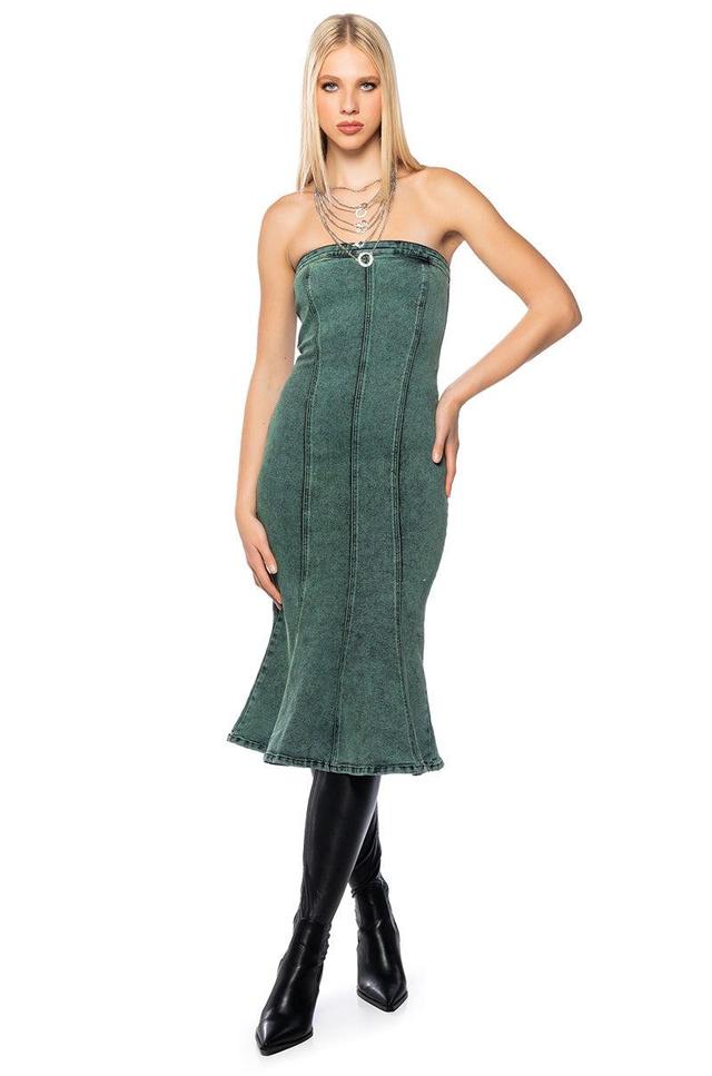 SEEING GREEN STRAPLESS WASHED DENIM MIDI DRESS Product Image