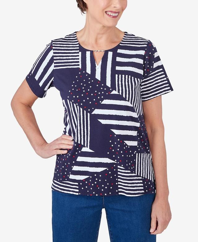 Womens Alfred Dunner Stars and Stripes Split Neck T-Shirt Blue Product Image