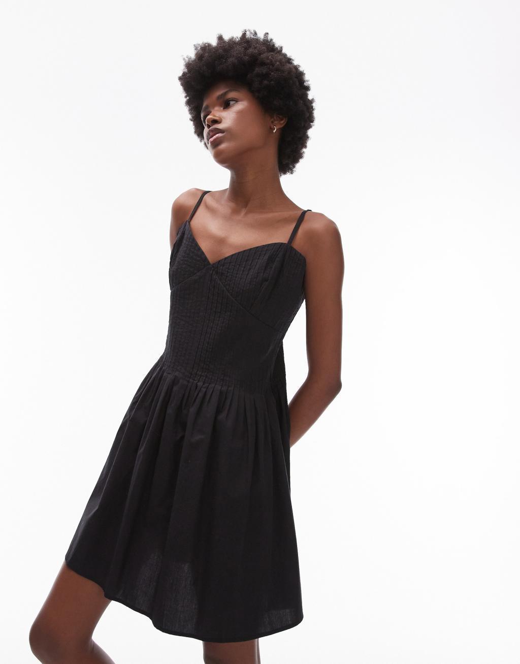 Topshop strappy pleated mini sundress in black Product Image