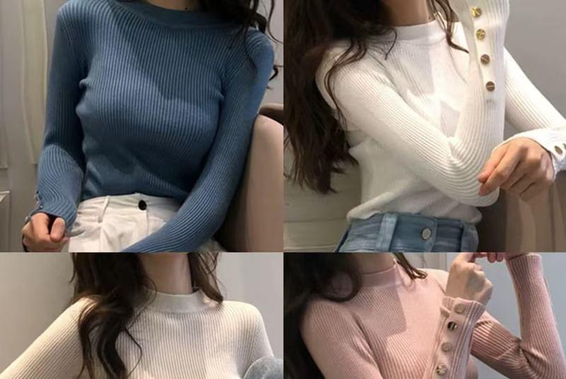 Long Sleeve Mock Neck Plain Button Ribbed Knit Top Product Image