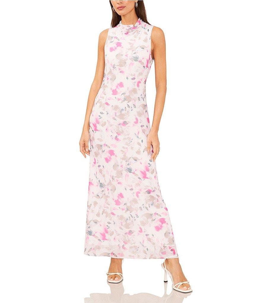 Vince Camuto Wispy Petal Print Mock Neck Sleeveless Mesh Maxi Sheath Dress Product Image